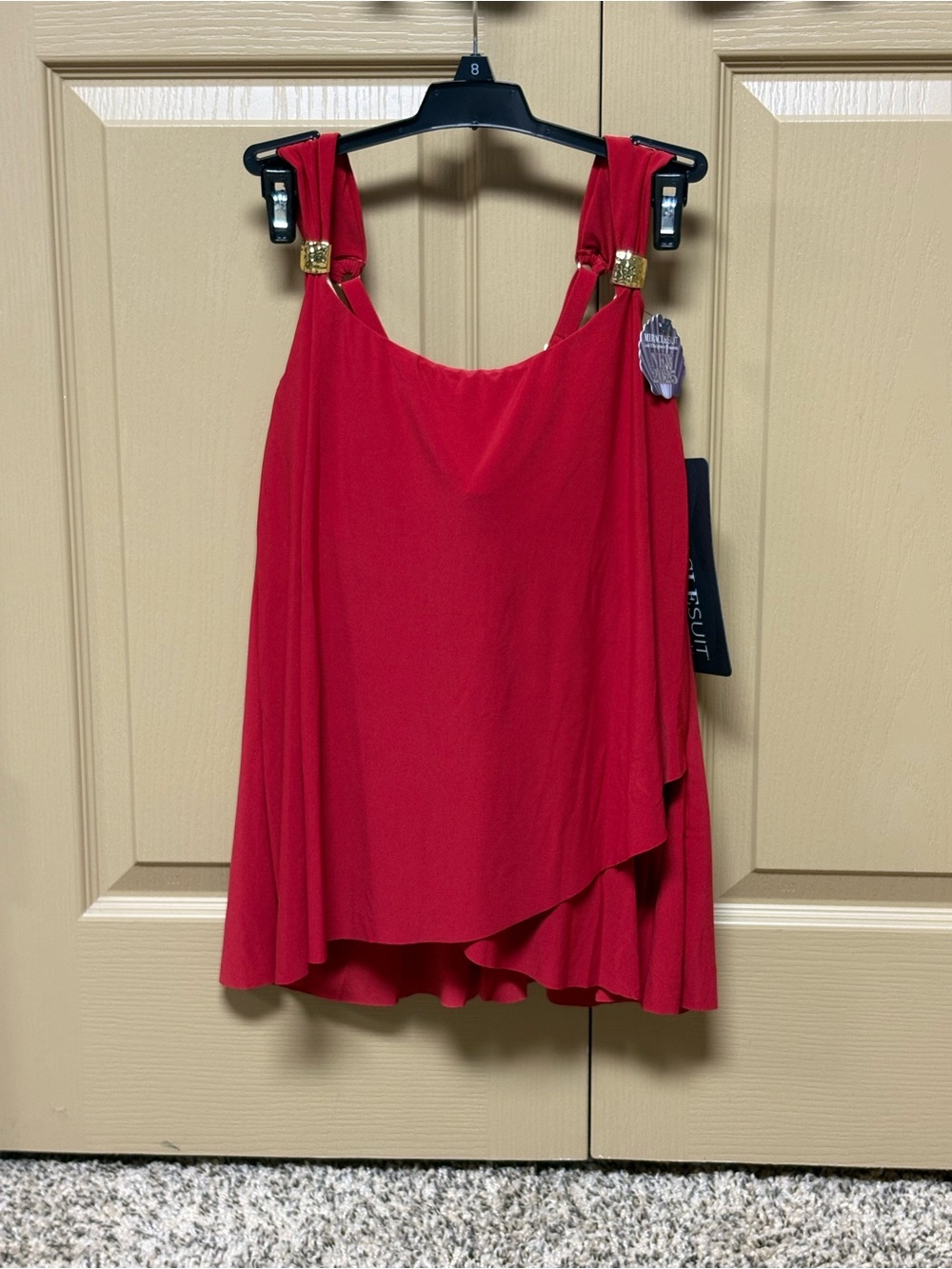 Miraclesuit Red Sleeveless Asymmetric Tank Top with Gold Accent Straps